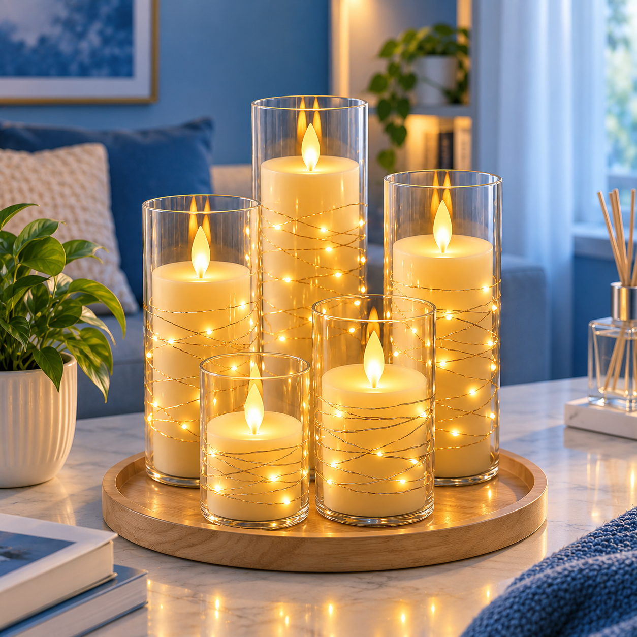 Decorative candle glass set styled on a coffee table in a living room
